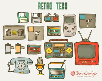 Retro tech clipart commercial use, 90s technology, TV, vcr, rotary phone, microphone, radio, AM FM film tape deck, vhs disc instant download
