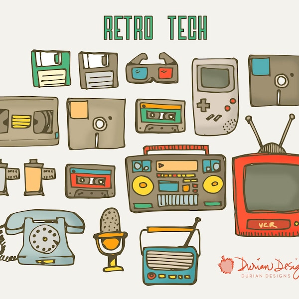 Retro Tech clipart komercyjnych, lat 90-tych technologii, TV, VCR, telefon obrotowy, mikrofon, radio, am magnetofon taśmowy film, VHS Disc Instant Download