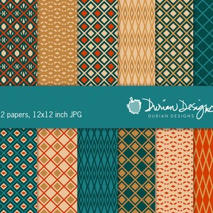 Może przedstawiać: Dwunastu cyfrowych wzorów papieru z geometrycznymi wzorami w kolorze turkusowym, pomarańczowym, czerwonym i beżowym. Papiery mają rozmiar 12x12 cali i są w formacie JPG. Tekst "Durian Designs" znajduje się na dole obrazu.