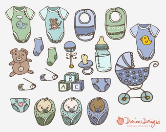 Puede incluir: Un conjunto de ilustraciones con temática de bebé niño que incluye un osito de peluche, un sonajero, un cochecito de bebé, un chupete, un biberón, un pañal, un body, un babero y un juego de bloques ABC.