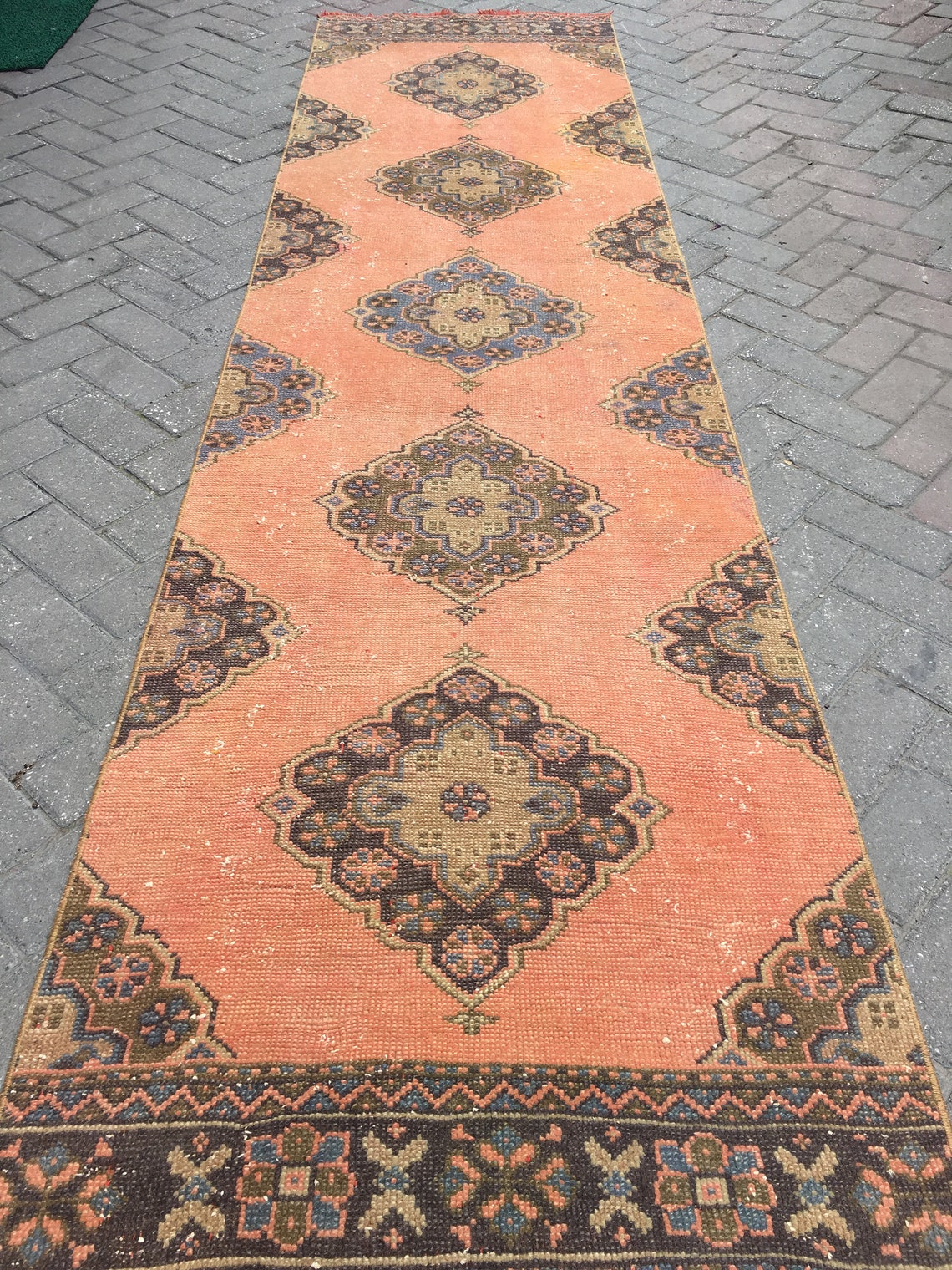 Runner rug. Vintage runner rug. Unique motifs. Boho rug. Area Etsy