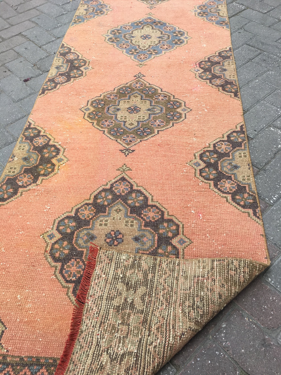 Runner rug. Vintage runner rug. Unique motifs. Boho rug. Area Etsy