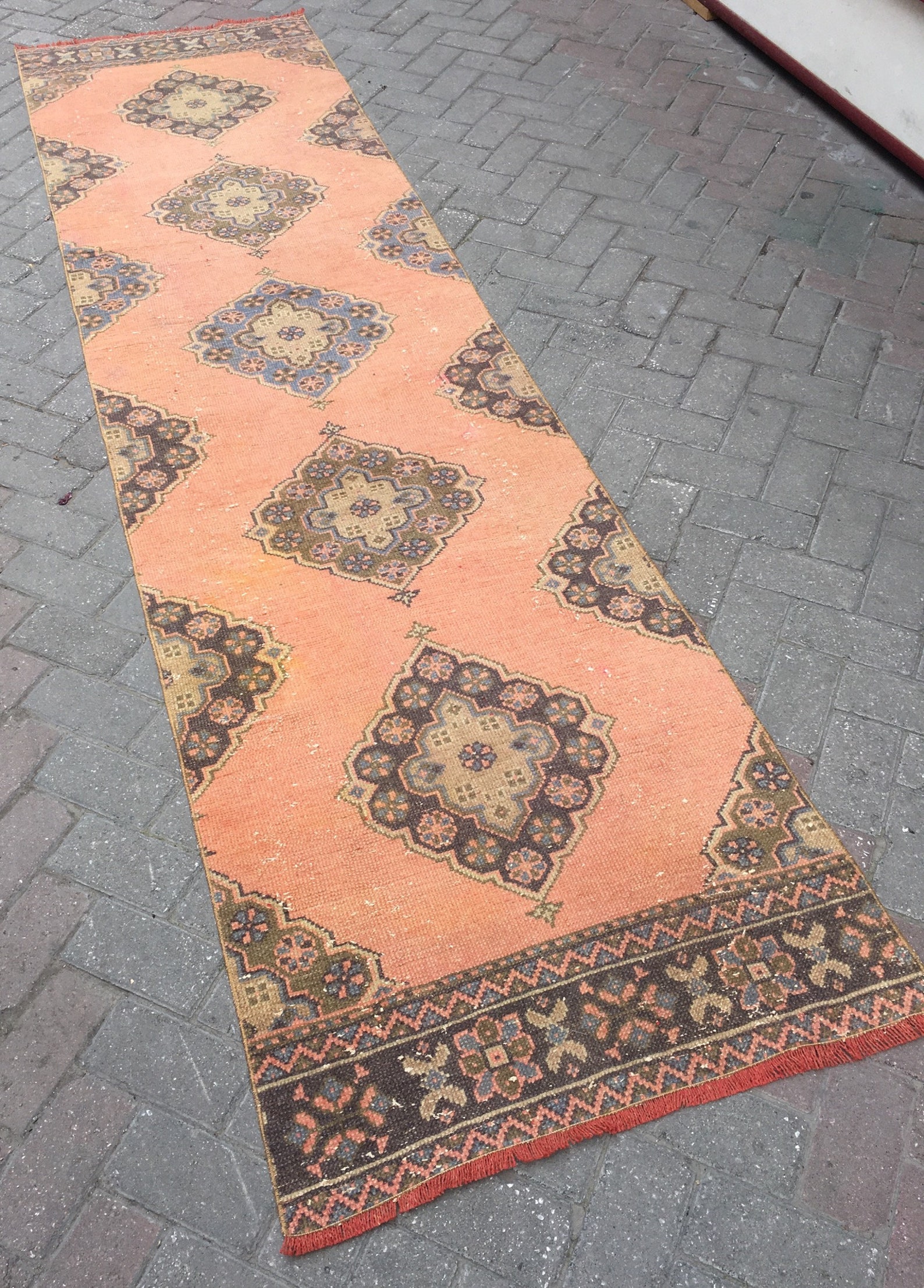 Runner rug. Vintage runner rug. Unique motifs. Boho rug. Area Etsy