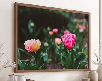 Pink and Yellow Tulips Photography Print | Spring Garden Flowers Wall Art | Floral Printable