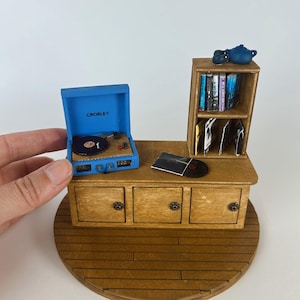 Blue record player | Bookcase kit | Miniature Dollhouse Vintage-Inspired Record Player | Music room stereo | Vintage miniature | Vinyl