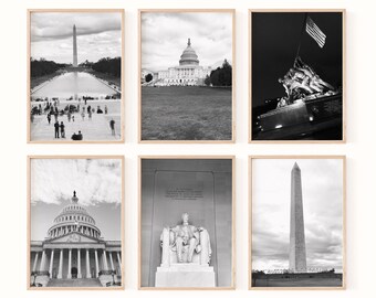 Washington DC Wall Art Set of 6 | Black and White Photography Prints | USA Landmark Gallery Wall