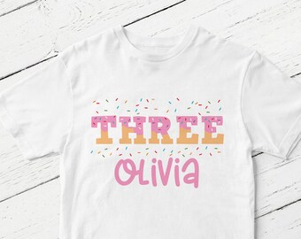 Donut Birthday Shirt Three, 3rd Birthday Shirt, Donut Birthday Girl, Girls Donut Birthday Party, Third Birthday Shirt, Pink Donut - SHORTSLV