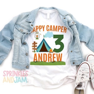 Happy camper birthday shirt - Camping Birthday Shirt - Camp Out - One Happy Camper - birthday boy - birthday girl - Any Age - SHORTSLV