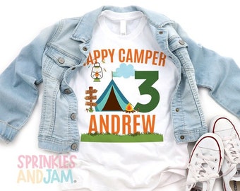 Happy camper birthday shirt - Camping Birthday Shirt - Camp Out - One Happy Camper - birthday boy - birthday girl - Any Age - SHORTSLV