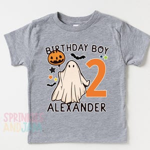 May include: A heather gray short-sleeve t-shirt featuring a graphic of a ghost, a jack-o'-lantern balloon, bats, and stars. The text reads BIRTHDAY BOY, the number 2, and the name ALEXANDER in black and orange lettering.
