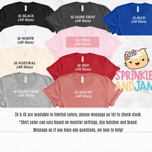 a collection of t-shirts in various colors, including black, dark gray, pink, white, light gray, red, and blue, along with a logo for Sprinkles and Jam.