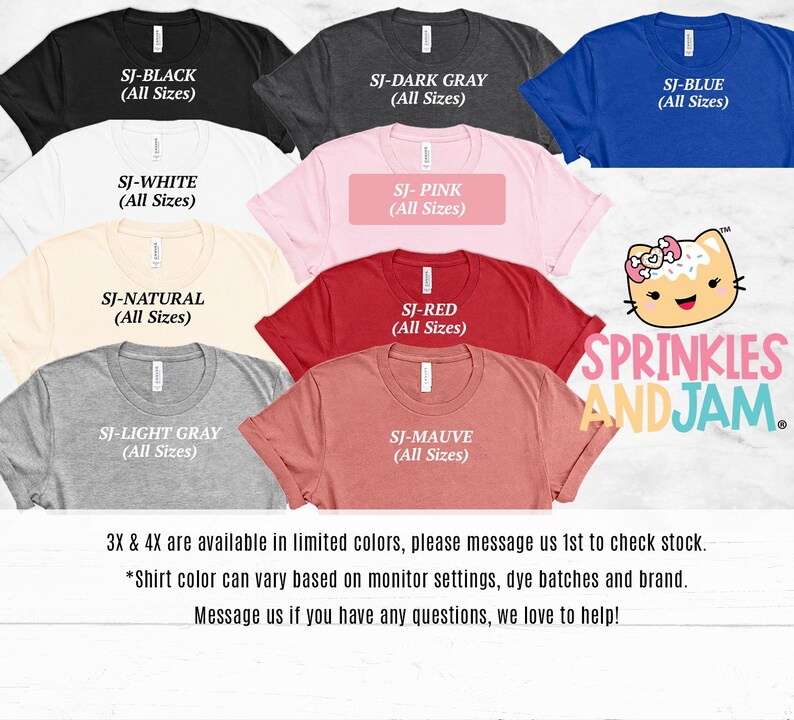 a collection of t-shirts in various colors, including black, dark gray, pink, white, light gray, red, and blue, along with a logo for Sprinkles and Jam.