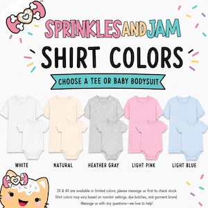 The image is an advertisement for a collection of shirt colors, featuring a variety of baby outfits in different shades.