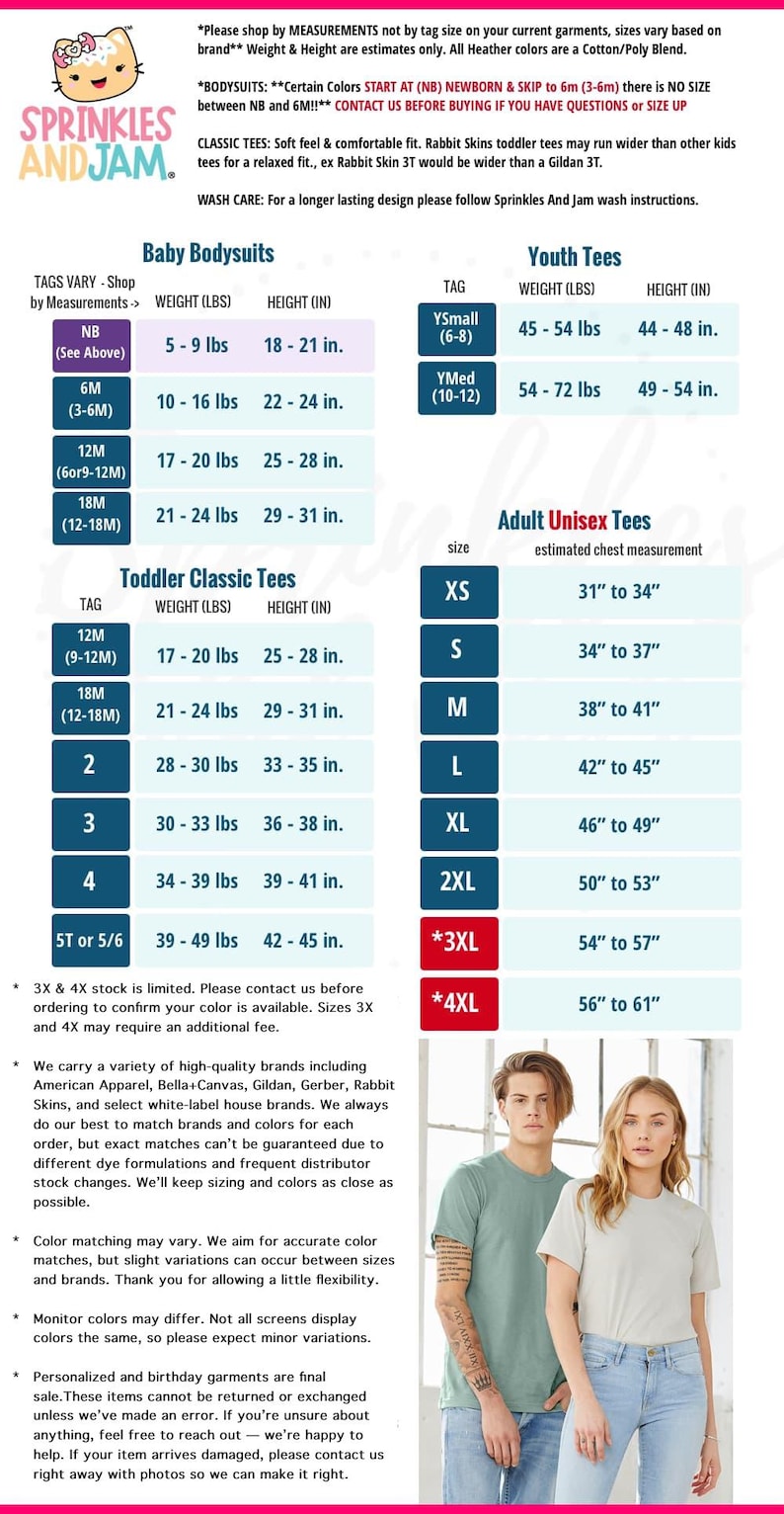 The image is a collection of two photos featuring a man and a woman, along with text providing information about the clothing sizes and measurements for baby bodiesuits and youth tees.