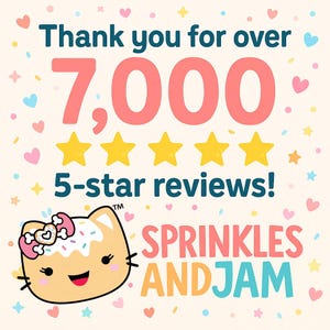 The image is a colorful and cheerful graphic with a cartoon cat, hearts, stars, and confetti. The text on the image reads "Thank you for over 7,000 5-star reviews! SPRAYKLEES ANDJAM" and "SPRAYKLEES ANDJAM" is written in a playful font.
