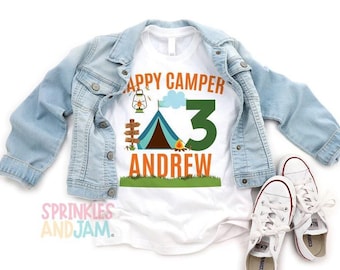 Happy Camper Birthday Shirt: Personalized Camp Out Tee Boys or Girls Customize Any Age