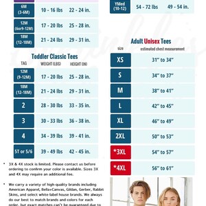 The image is a collection of two photos featuring a man and a woman, along with text providing information about the clothing sizes and measurements for baby bodiesuits and youth tees.