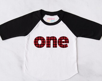 Buffalo Plaid First Birthday Shirt: Lumberjack Raglan Tee - Final Sale Item