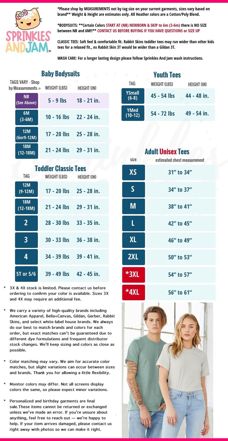 The image is a collection of two photos featuring a man and a woman, along with text providing information about the clothing sizes and measurements for baby bodiesuits and youth tees.
