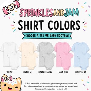 The image is an advertisement for a collection of shirt colors, featuring a variety of baby outfits in different shades.