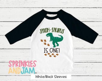 Personalized Dinosaur Birthday Shirt: T-Rex Raglan Tee - Final Sale Item