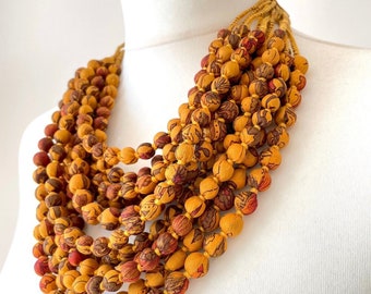 Handmade Wooden Bead Silk Sari Layered Necklace For Women, 12 Strand Statement Beaded Necklace, Vintage Sari Necklace Gift For Mother's Day