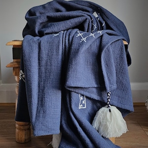 Navy blue Kantha embroidered throw with tassels