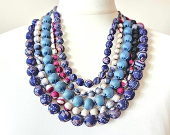 Collier superposé de perles bleues, colliers en tissu pour femme, cadeau collier sari écologique pour maman, bijoux recyclés, cadeau durable pour elle