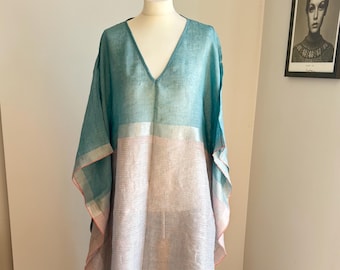Womens Long Linen Beach Kaftan Dress, Embroidered Zari Striped Shimmer Kaftan, V-Neck Loose Cover Up Caftan, Batwing Sleeve Kaftan For Women