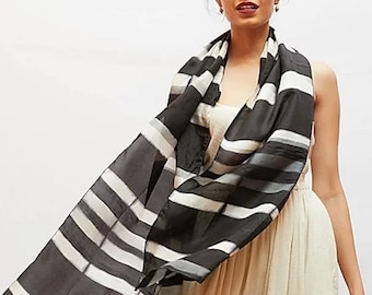 Striped Shibori Print Soft Silk Scarf, Long Scarf Hand Dyed Ethical, Long Rectangle 100% Silk Habotai Scarf, Luxury Present For For Wife