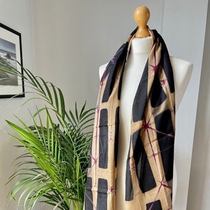 Shibori Dyed Long Floaty Silk Scarf In Pink And Black, Handmade Wedding Scarf In Geometric Print, Mothers Day Gift, Birthday Gift For Her