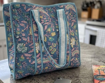Blue Floral Print Quilted Shoulder Bag, Hand Block Print Cotton Shopping Bag For Women, Lightweight Boho Market Bag