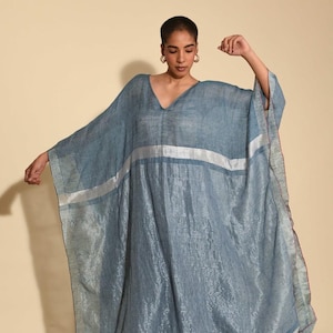 Embroidered Linen Kaftan Dress: Blue Beach Cover Up, Resort Wear