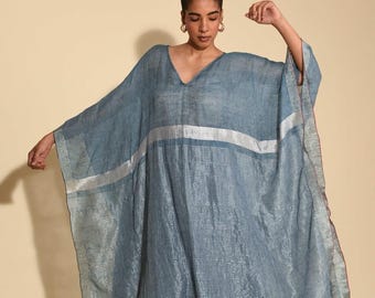 Long Linen Kaftan Beach Cover Up Dress, Blue Summer Kaftan Maxi Dress, Caftan Cover Up, Embroidered Kaftan Dress For Women, Resort Wear