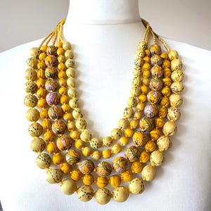 Handmade Yellow Sari Silk Bead Necklace: Upcycled Boho Statement Jewelry