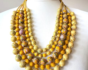 Handmade Yellow Sari Silk Bead Necklace: Upcycled Boho Statement Jewelry