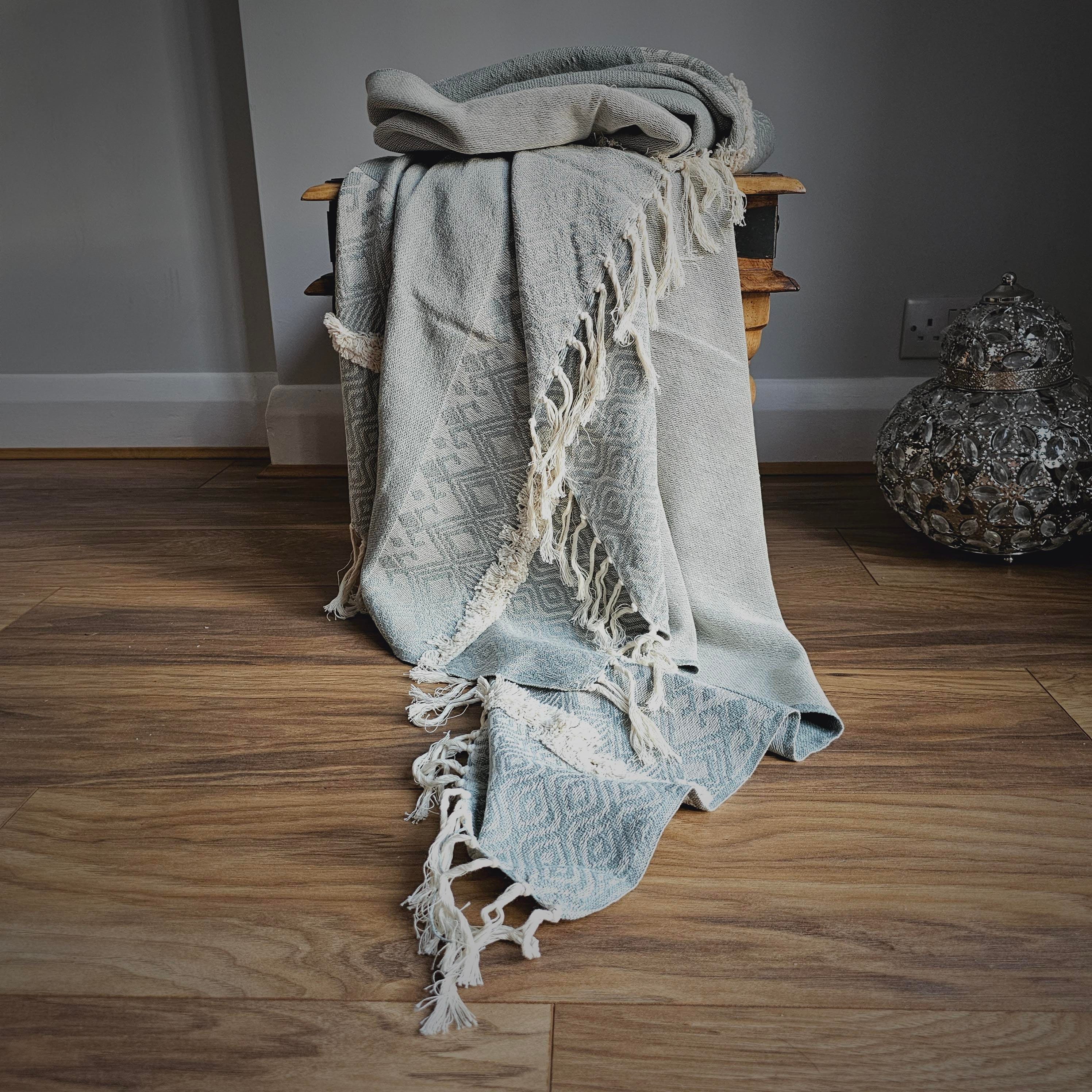Handmade Artisan Throw Blanket With Fringed Edges, Woven Tufted Cotton