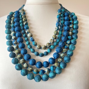 Blue Beaded Sari Necklace, Wood Bead Layered Necklace, Ethical Handmade Jewellery, 50th Birthday Gift For Her