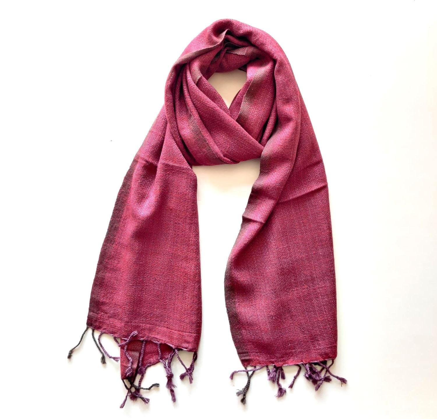 Handmade Woven Pure Silk Scarf For Women, Artisan Crafted Indigenous Ahimsa Silk Scarf, Warm Pink Fringe Scarf, Unique Gift Idea For Her