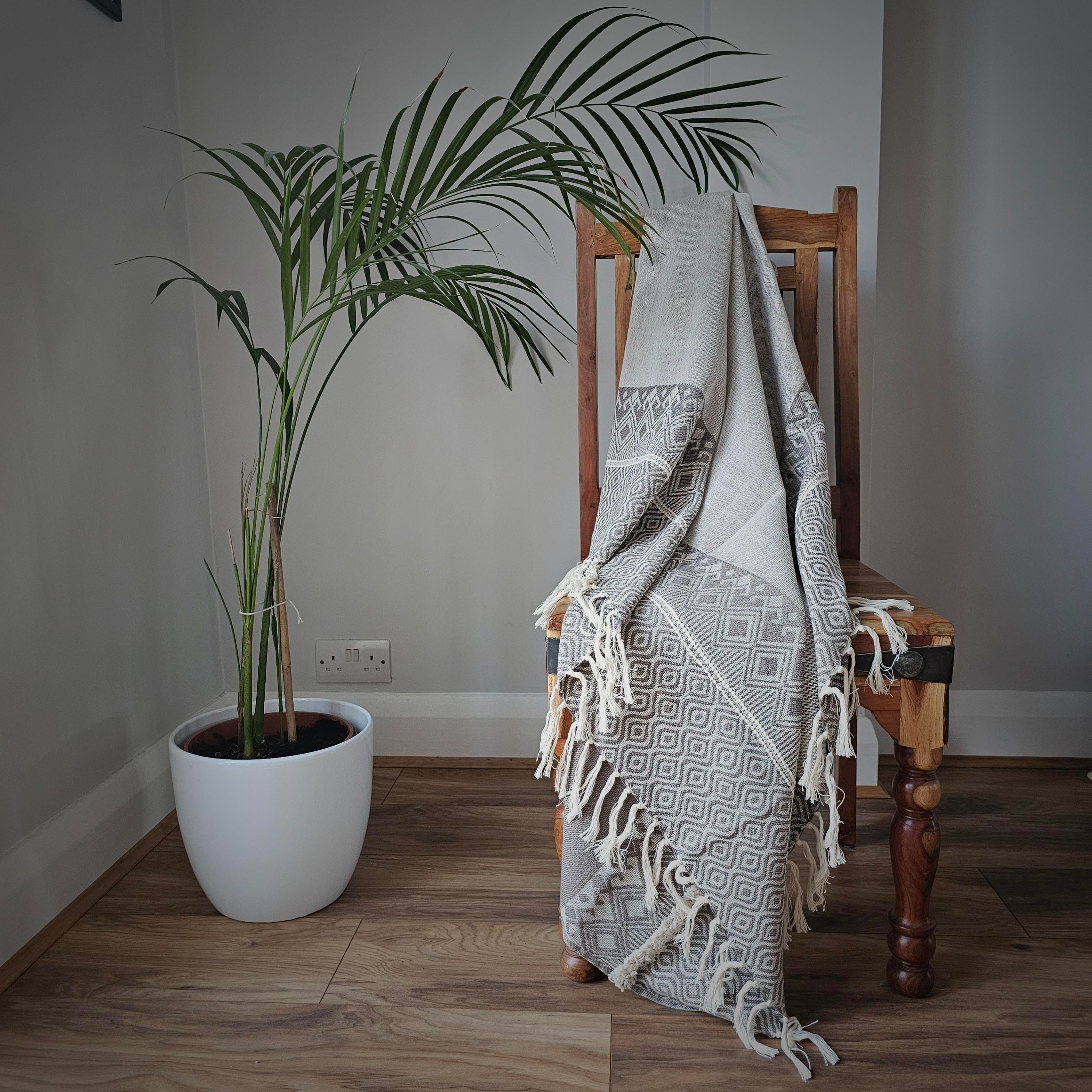 Handmade Artisan Throw Blanket With Fringed Edges, Woven Tufted Cotton