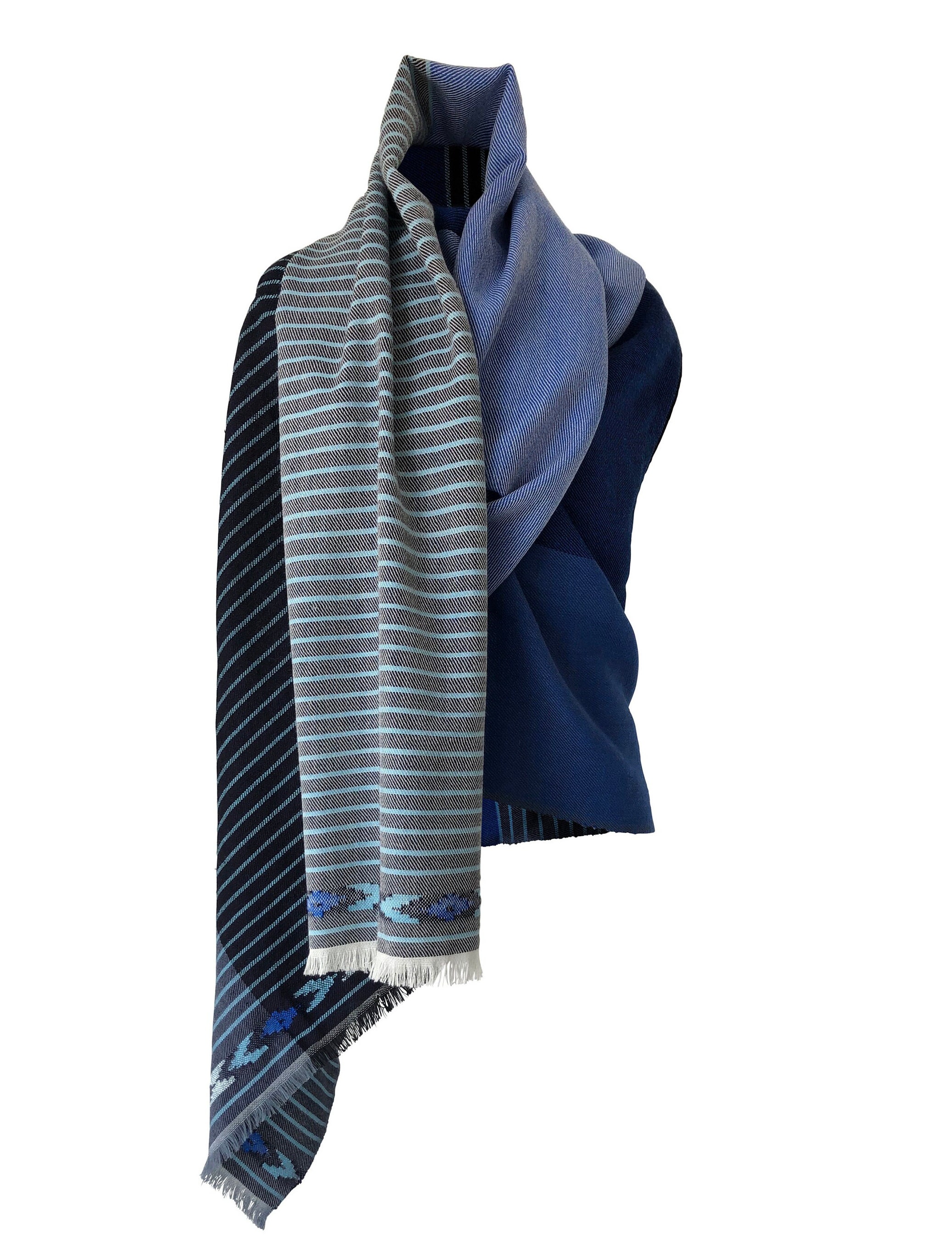 Sustainable Gifts Wool Cape Coat for Women, Blue Colour Block Striped