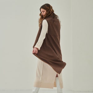 Lightweight Long Cardigan Jacket, Elegant Handwoven Sleeveless Knit Poncho Cape In Chocolate Brown, Reversible Knitted Warm Jacket Shawl image 2