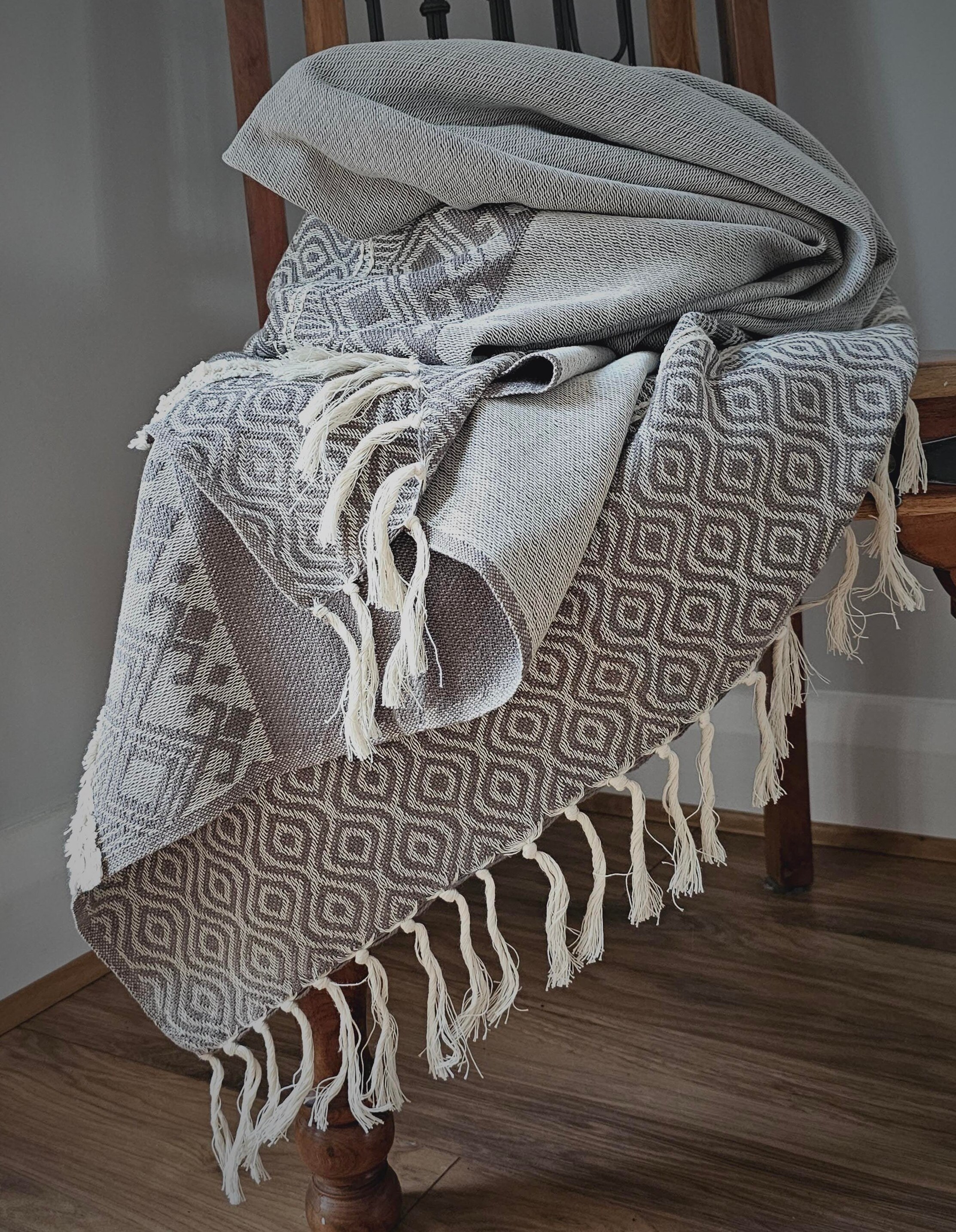 Handmade Artisan Throw Blanket With Fringed Edges, Woven Tufted Cotton