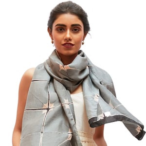 Handmade Long Shibori Silk Scarf, Floaty Silver Grey Silk Scarf Wrap For Women, Hand Dyed Christmas Scarf Gift Box, Mom Gift, Gift For Her
