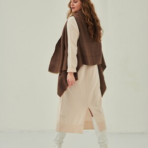 Lightweight Long Cardigan Jacket, Elegant Handwoven Sleeveless Knit Poncho Cape In Chocolate Brown, Reversible Knitted Warm Jacket Shawl image 3