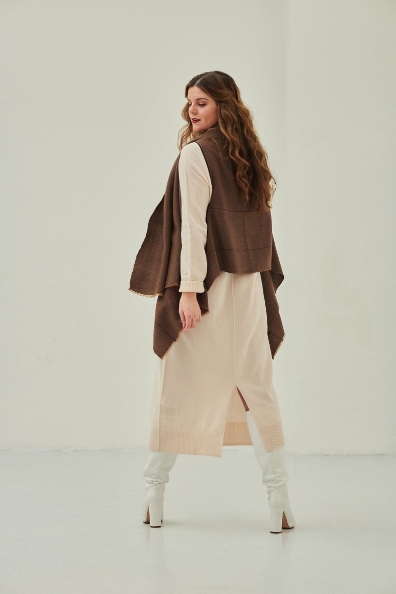 Lightweight Long Cardigan Jacket, Elegant Handwoven Sleeveless Knit Poncho Cape In Chocolate Brown, Reversible Knitted Warm Jacket Shawl image 3