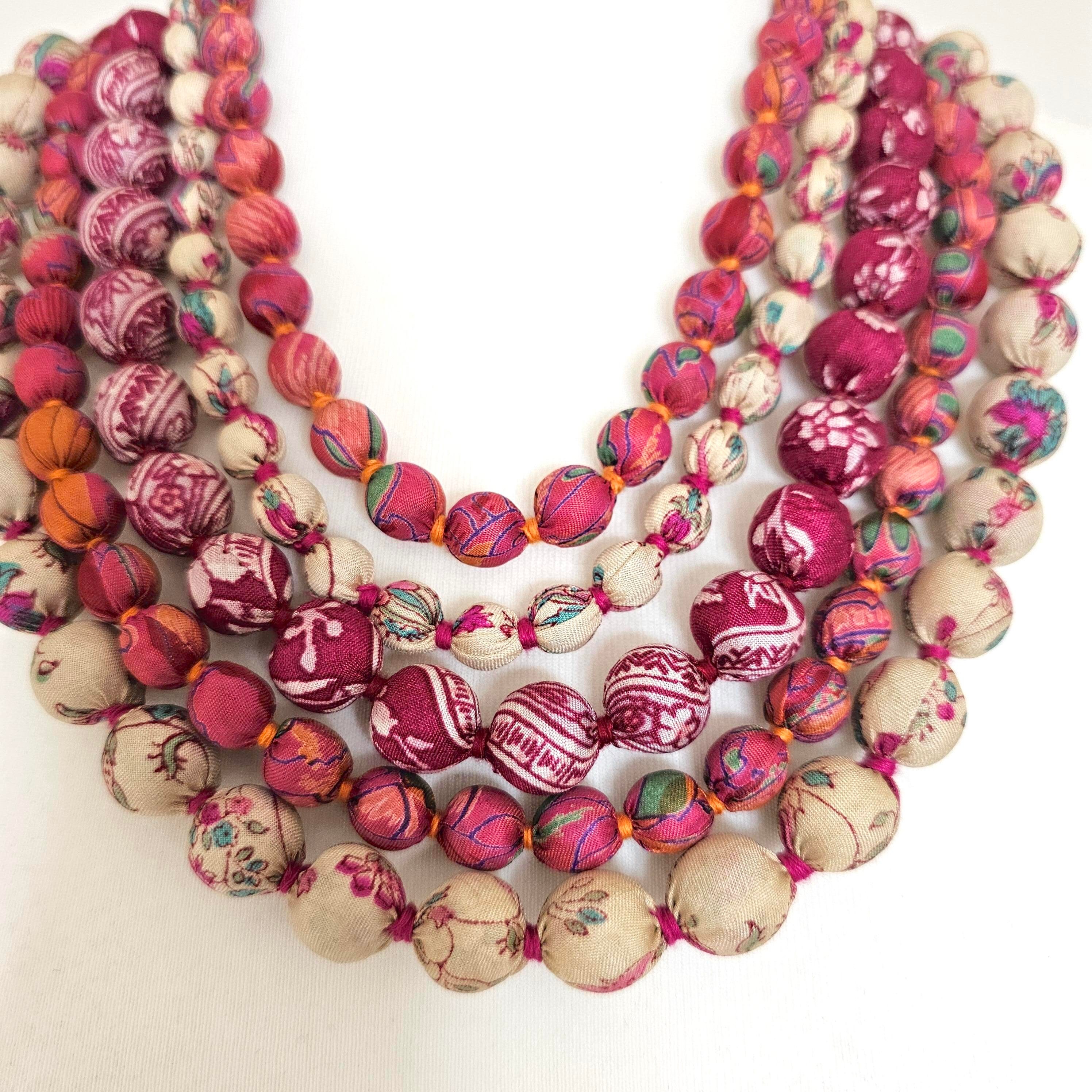Bright Recycled Sari Silk Bead Fabric Necklace, Colourful Summer Sari
