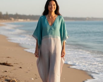 Linen Kaftan Dress, Handwoven Linen Beach Cover Up, Boho Resort Wear Kaftan for Women, Lightweight Holiday Dress