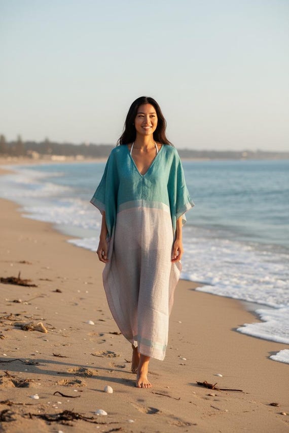 Linen Kaftan Dress, Handwoven Linen Beach Cover Up, Boho Resort Wear Kaftan for Women, Lightweight Holiday Dress