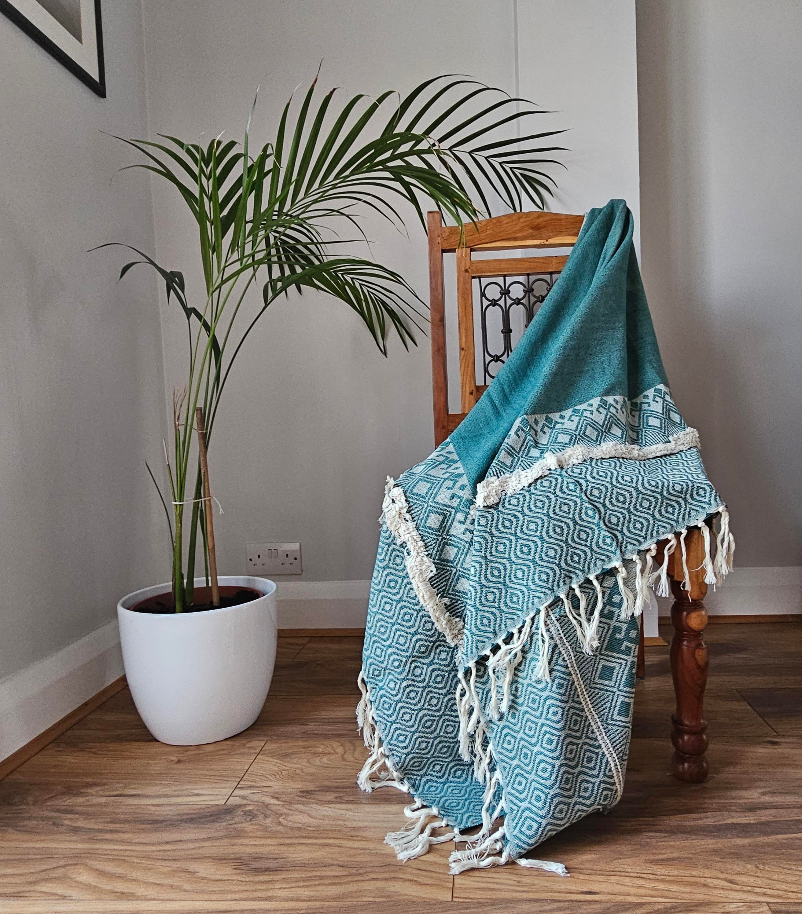 Handmade Artisan Throw Blanket With Fringed Edges, Woven Tufted Cotton